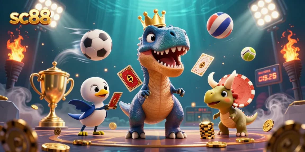 Engage in thrilling gaming at sc88 with a T-Rex shuffling cards and a baby triceratops stacking chips.