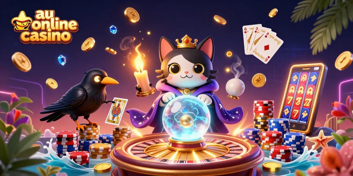 Win at au online casino with this vibrant 3D illustration of fortune teller, raven, and casino elements.