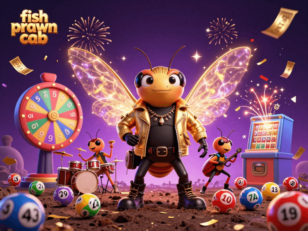 Engage in fun with the fish prawn crab theme depicted in vibrant 3D casino illustration.