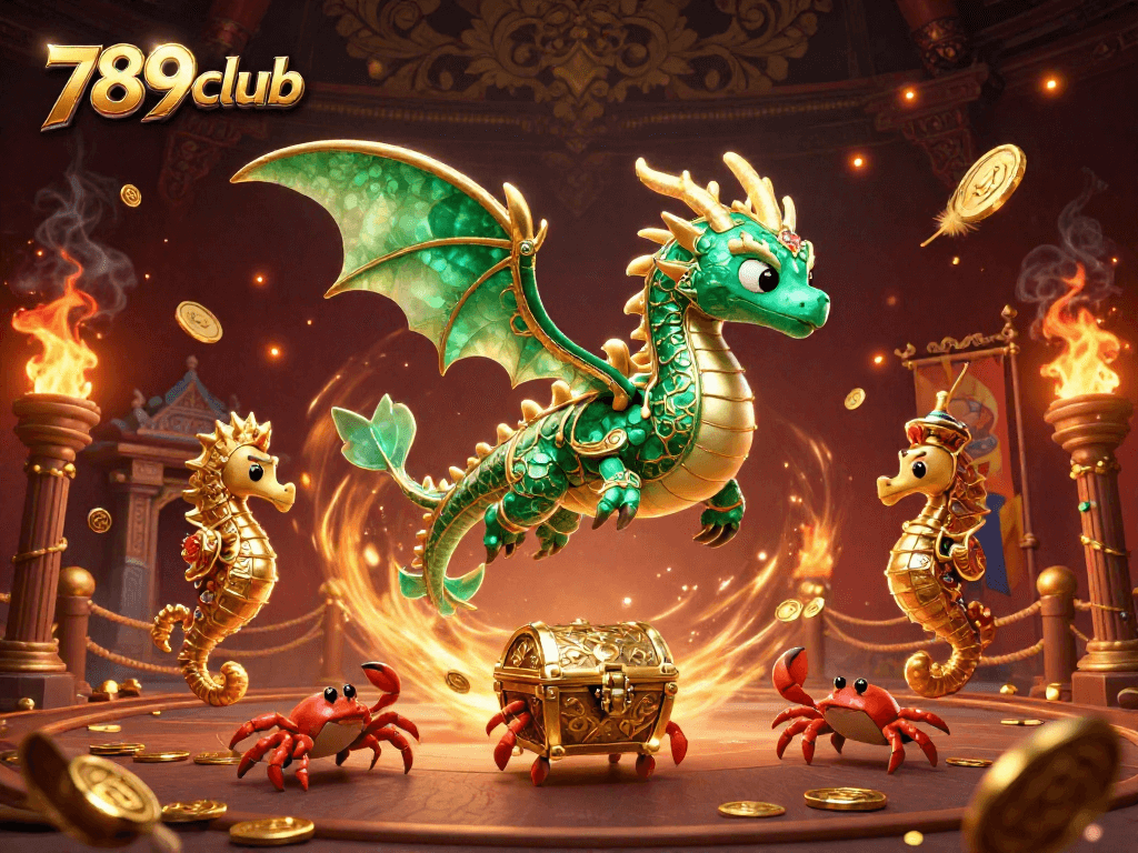 Experience thrilling gaming at 789club with a lavish underwater scene of a sea dragon and treasure chest.