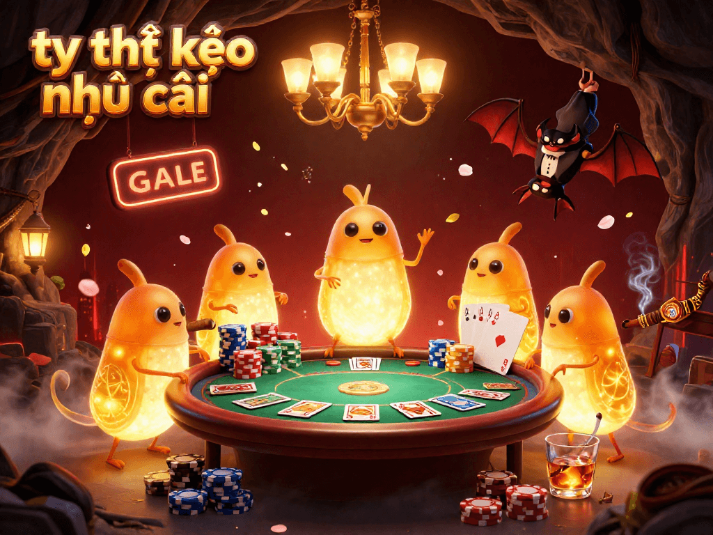 Engage with tỷ lệ kèo nhà cái in a vibrant casino scene with glowworms and poker elements.