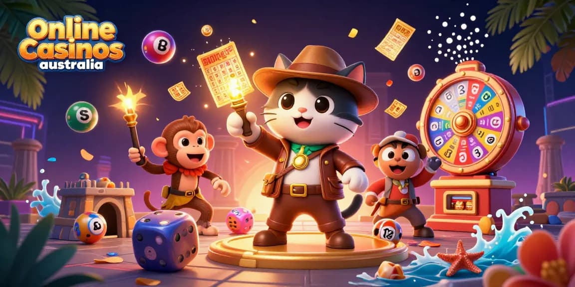 Experience the excitement of online casinos Australia with vibrant gaming elements in a dynamic 3D scene.