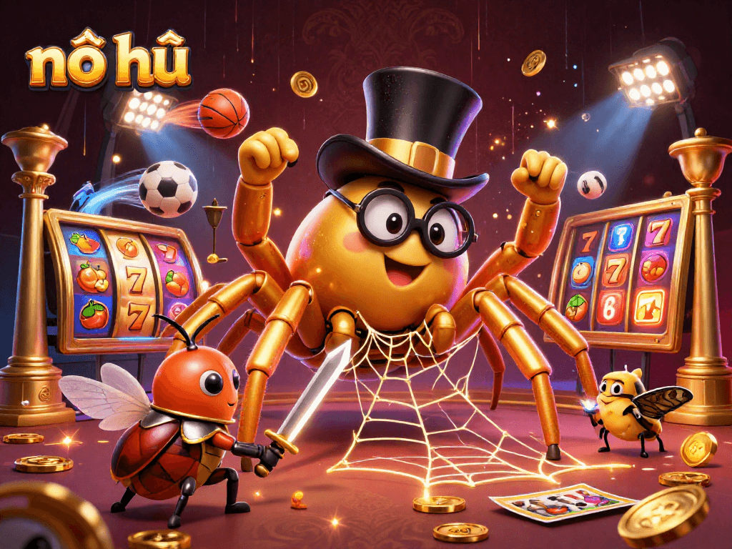 Engage with nổ hũ thrilling gameplay featuring a golden tarantula and beetle knight within an animated casino scene.