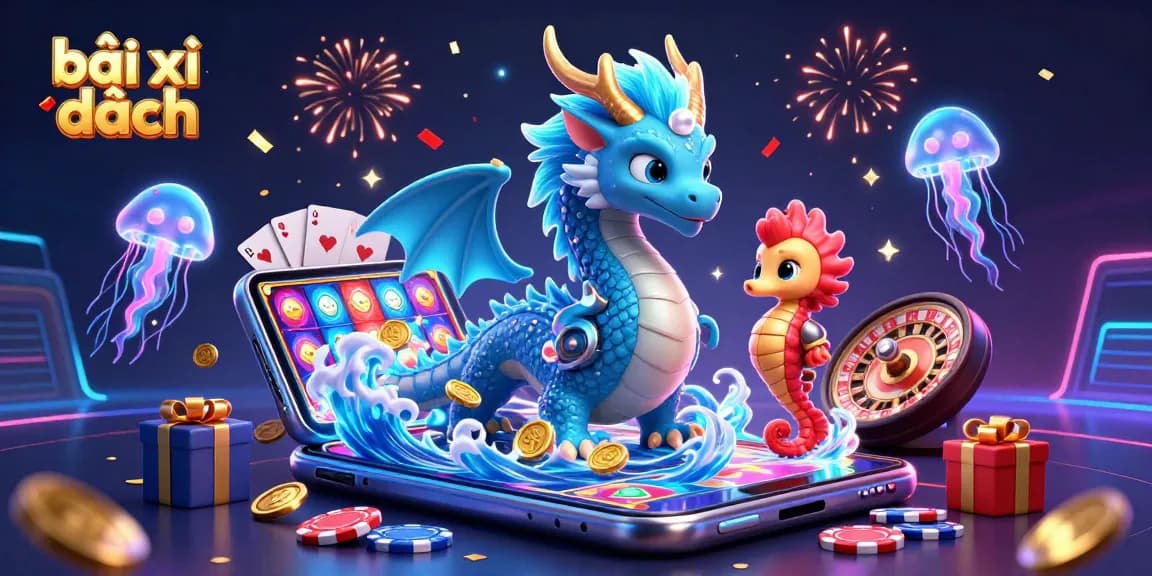 Experience bài xì dách with a captivating scene of a dragon and seahorse knight amidst vibrant casino elements.
