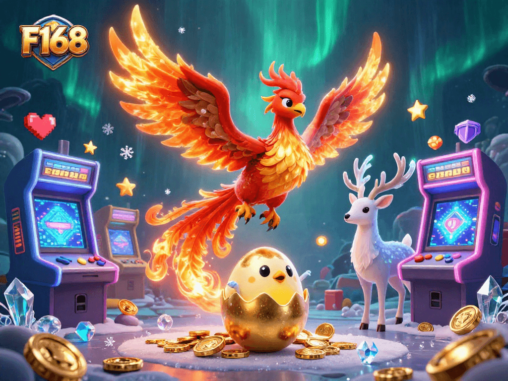Experience F168 with a dynamic 3D illustration featuring gaming elements, colorful phoenixes, and exciting casino themes.