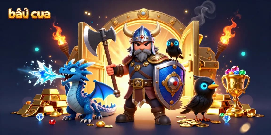 Engage in bầu cua gameplay with a Viking wolf, dragon, and jewels in a dazzling casino scene.