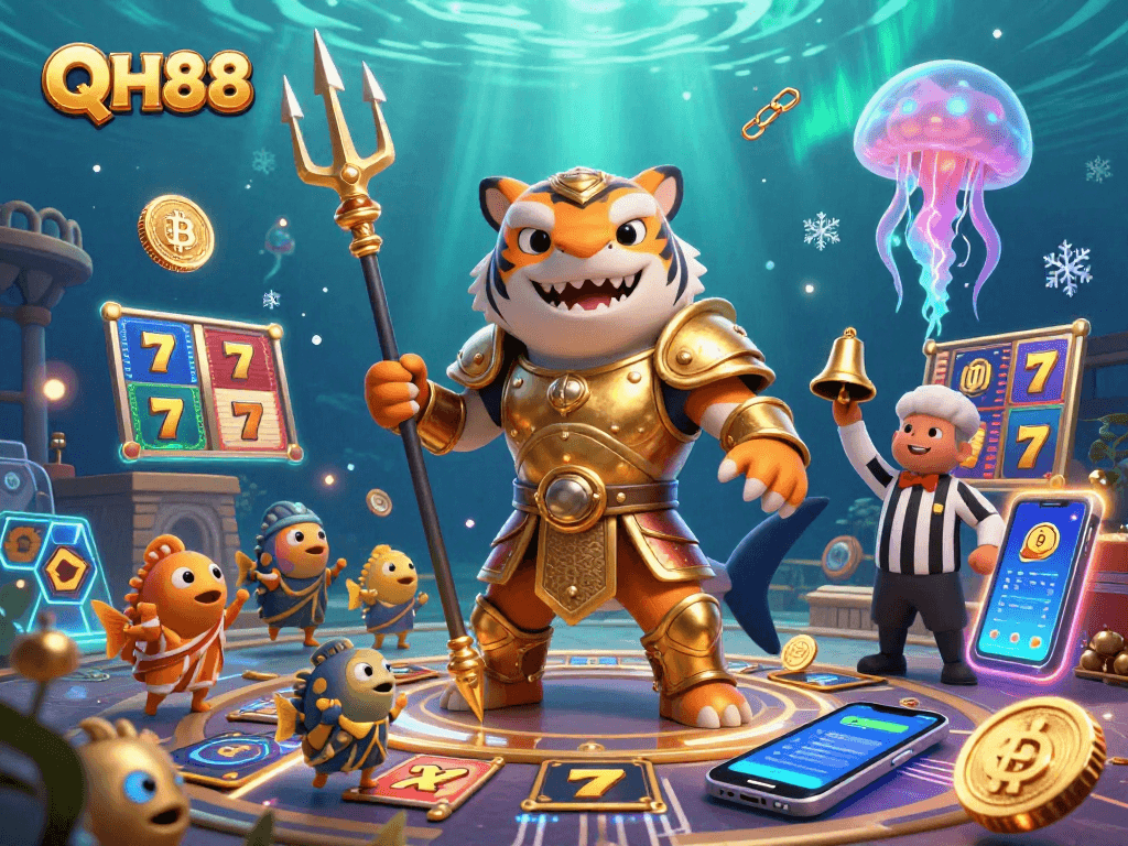 Play slots with QH88 in a vibrant underwater scene featuring a gladiator shark and a jellyfish referee.