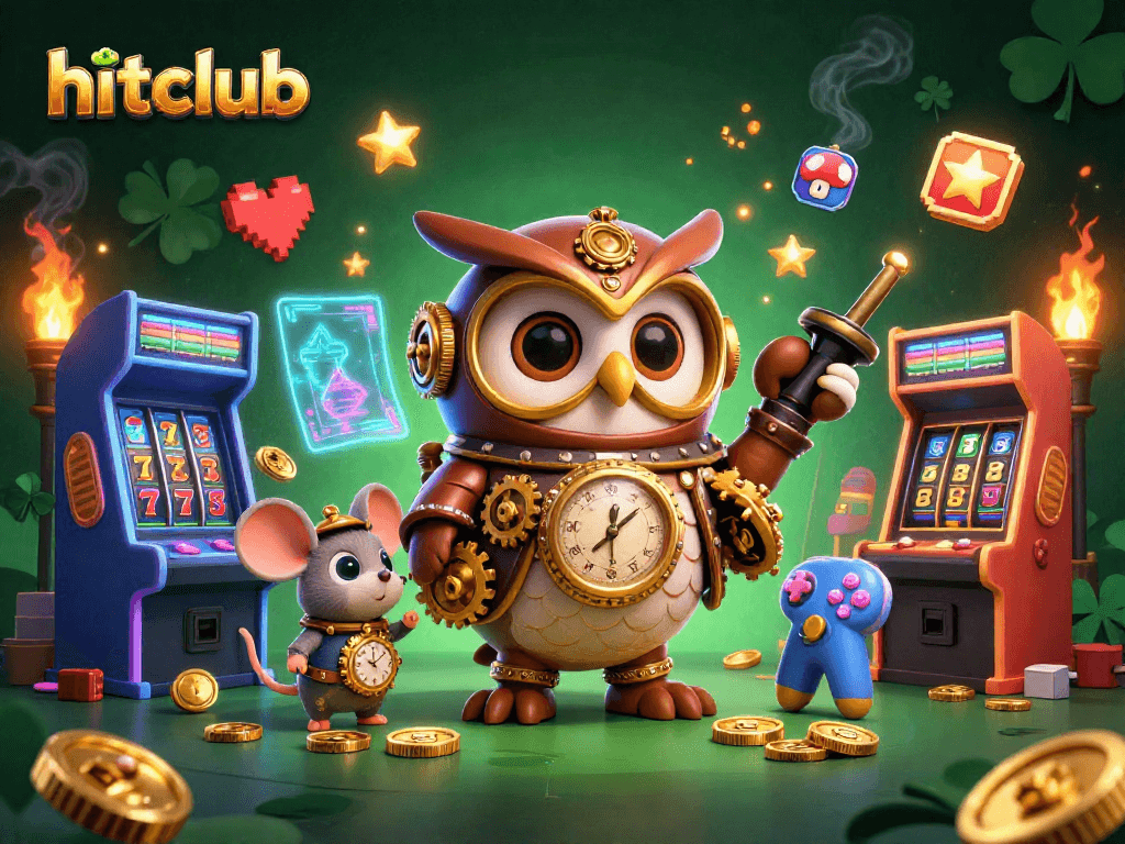 Experience hitclub's vibrant casino scene with time-traveling owl and clockwork mouse amid slot elements.