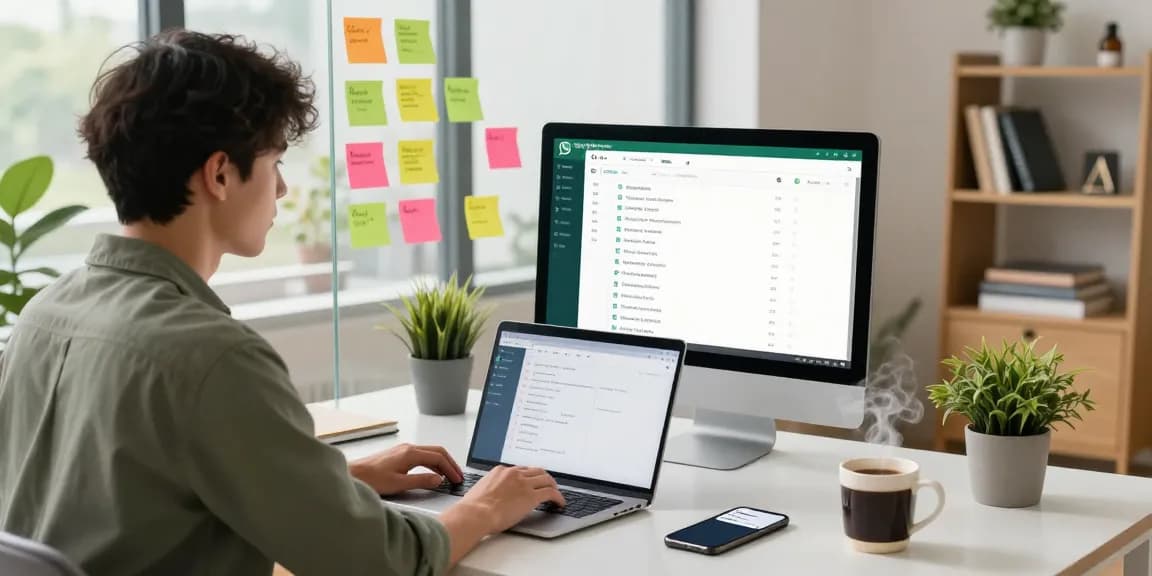 Professional using WhatsApp電腦版 on a modern desk with tech gadgets.
