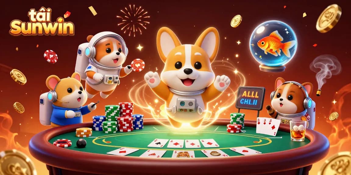 Experience thrilling moments in the space casino of tải sunwin with an astronaut corgi and vibrant poker elements.