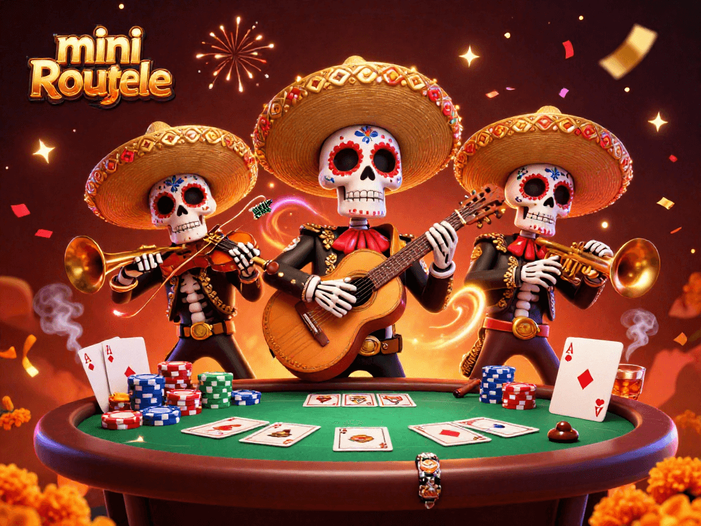 Experience the excitement of mini roulette with vibrant mariachi characters amidst a busy poker scene.