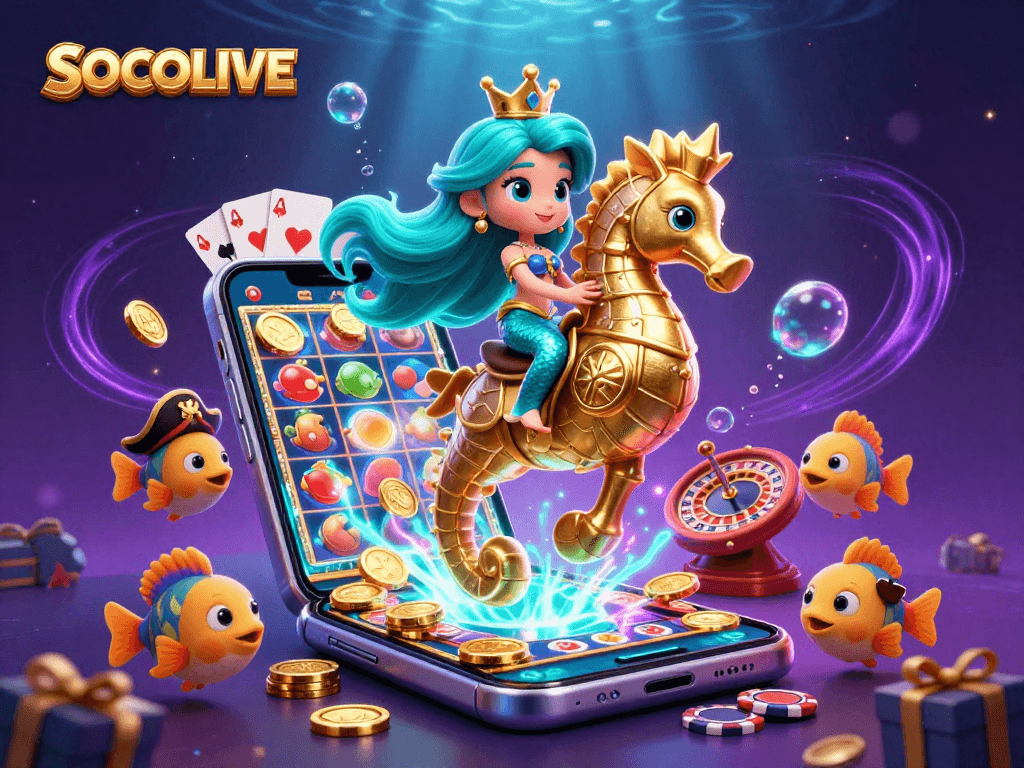 SOCOLIVE engages players with a vibrant underwater casino scene featuring dynamic gaming elements and a magical atmosphere.