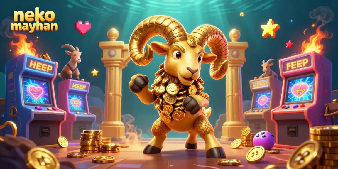 Experience high stakes in neko may mắn with a golden ram amidst colorful slot machines and glowing coins.