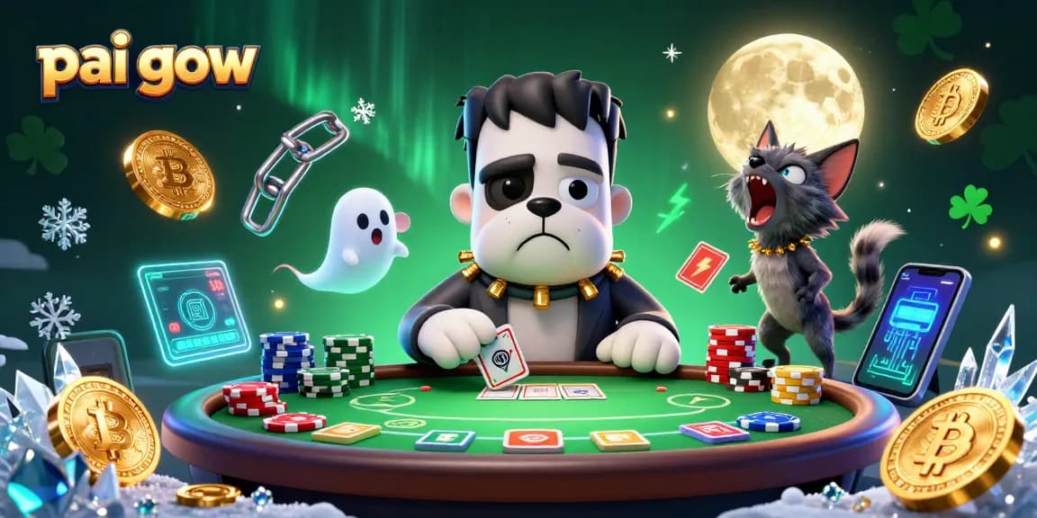 Pai Gow gameplay scene with a Frankenstein bulldog dealer, engaging graphics, and vibrant casino elements.