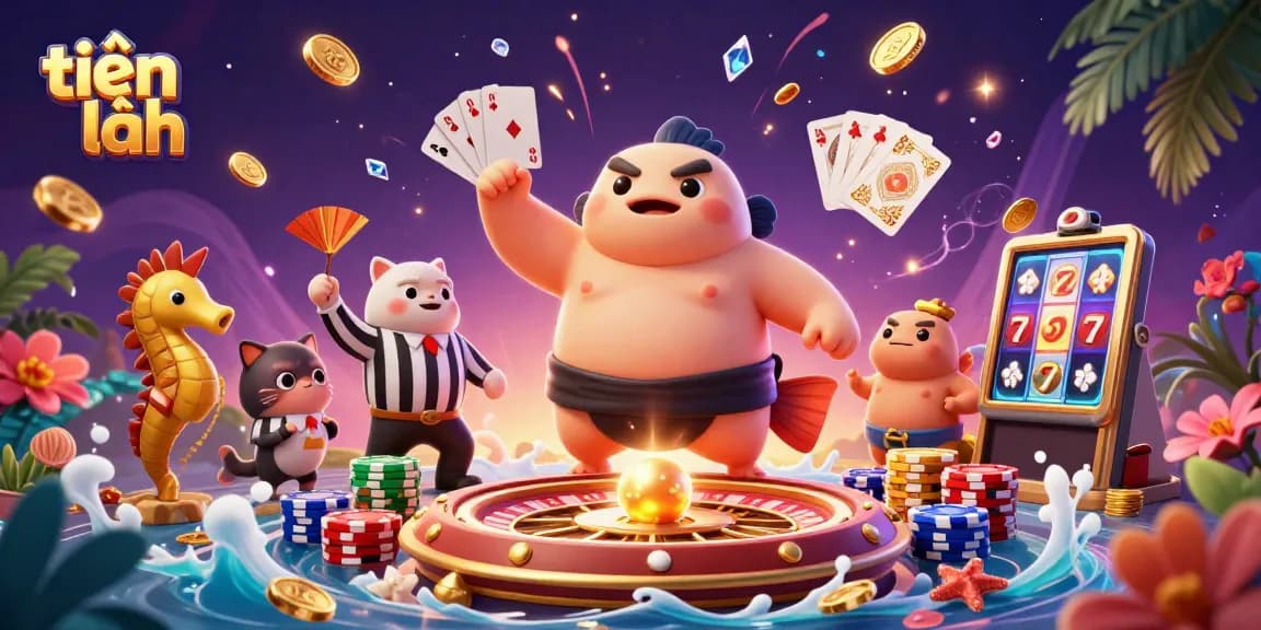 Win big with tiến lên as fugu in a sumo outfit battles in a vibrant underwater casino scene.