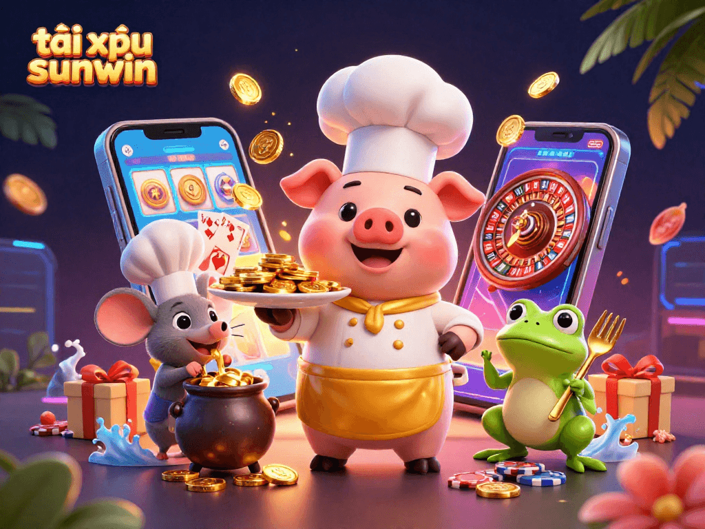 Engage with tài xỉu sunwin in this vibrant 3D casino scene showcasing delightful characters and exciting game elements.