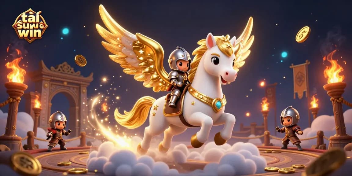 Experience the thrill of tải sun win with a celestial horse and knight amid gold coins and vibrant gaming elements.