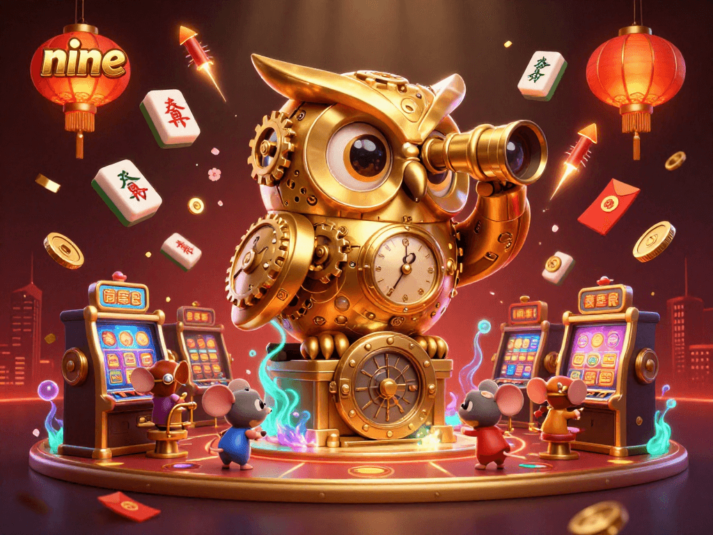 Engage in the thrilling game of nine, where the clockwork owl observes players competing for big wins.
