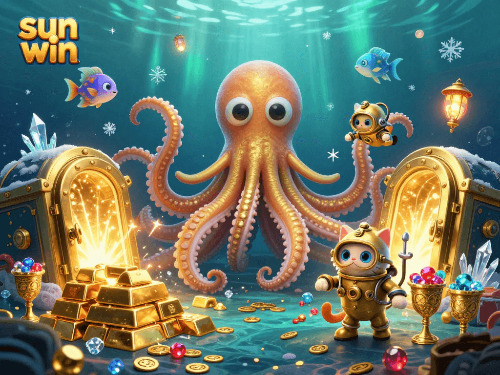 Experience thrilling gameplay with sun win via a vibrant underwater scene featuring a colossal kraken and treasure.