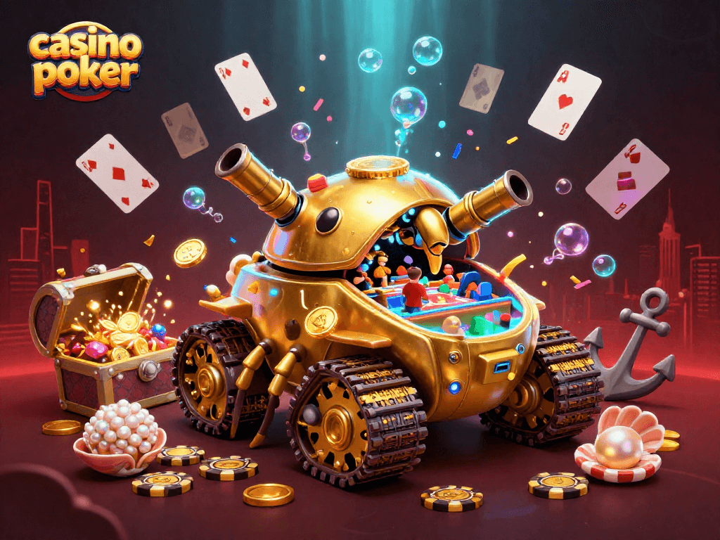 Engage in casino poker with an innovative 3D illustration featuring a miniature casino inside a tank.