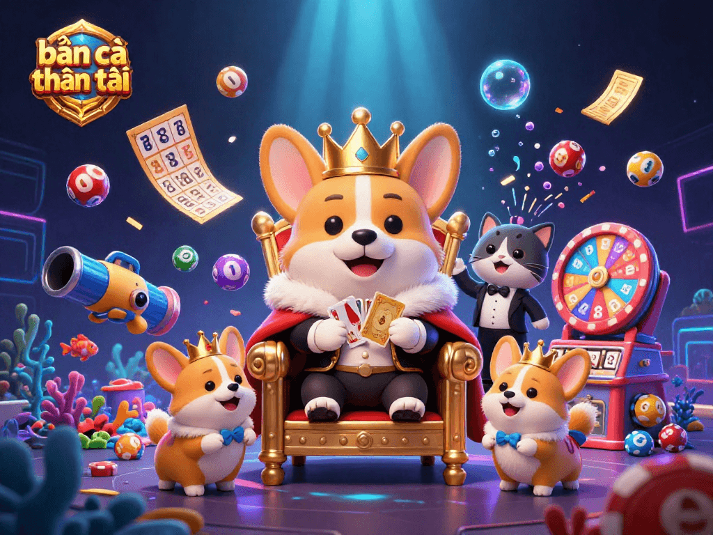 Bắn cá thần tài illustration showcasing vibrant underwater characters and dynamic game elements in a rich casino scene.