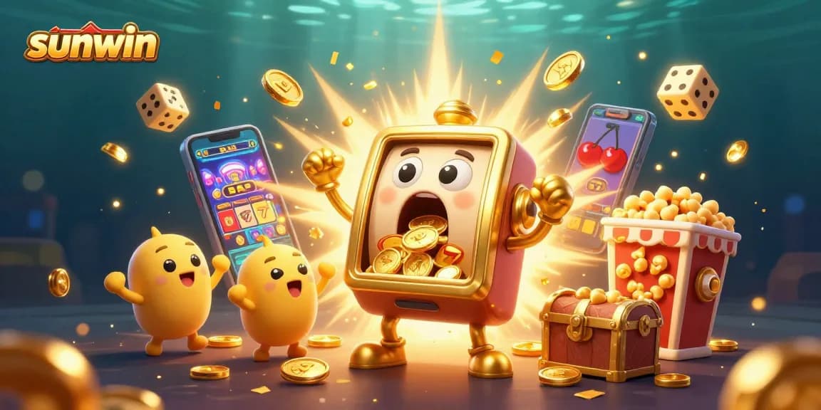 Experience the excitement of sunwin, where a golden slot machine hits a jackpot, coins overflowing!