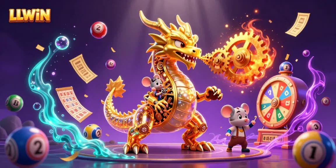 Experience exciting gaming with LLWIN, featuring a golden dragon and colorful lottery elements.