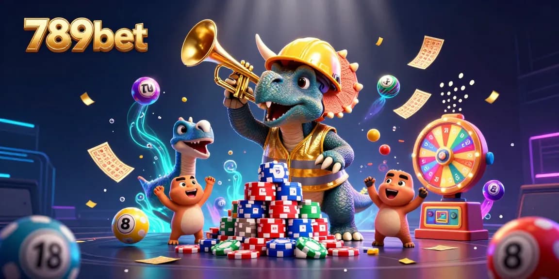 Experience casino excitement with 789bet's vibrant scene of a triceratops building poker chips