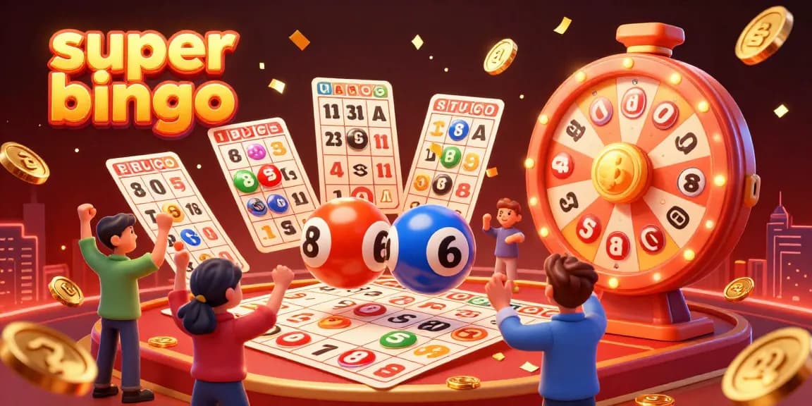 Super bingo players celebrate wins amid dynamic cards and colorful prizes in a vibrant casino setting.
