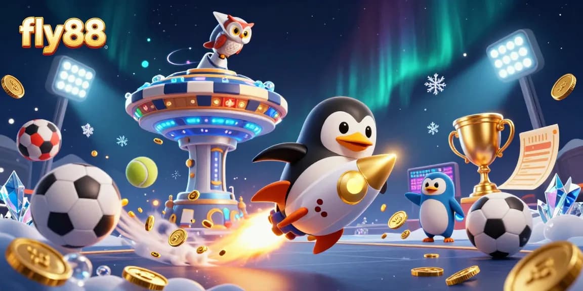 Engage with fly88's exciting gaming action featuring a golden penguin racing toward a giant poker chip casino.