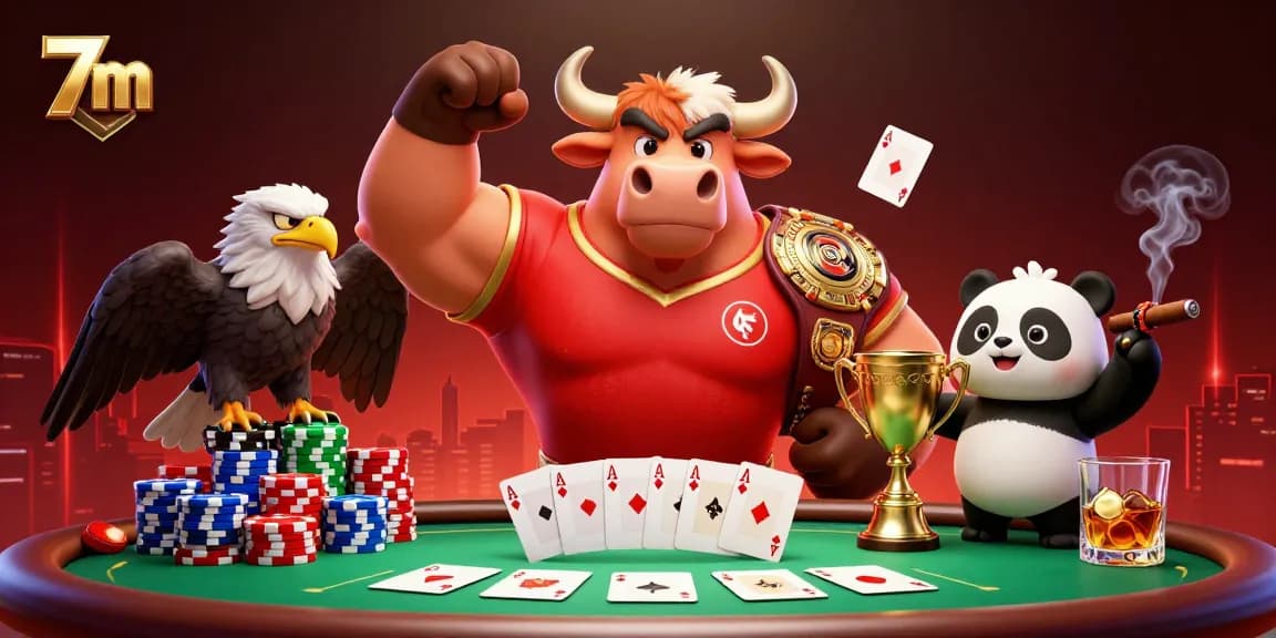 Experience the excitement of 7m as a muscular bull and friends celebrate a poker victory.