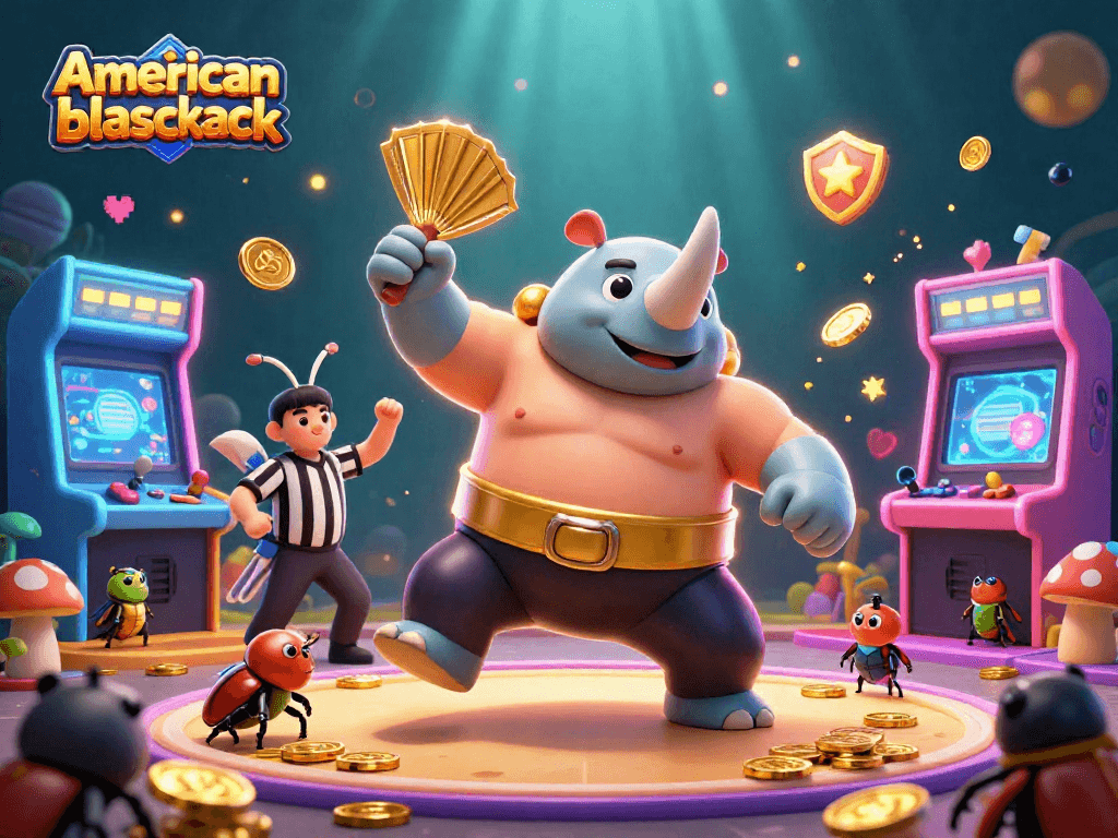 Engage in american blackjack with vibrant visuals showcasing a dynamic casino scene of beetles and coins.