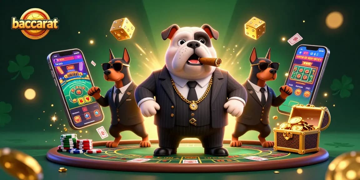 Experience baccarat action with a 3D cartoon bulldog and Dobermans surrounded by casino excitement.