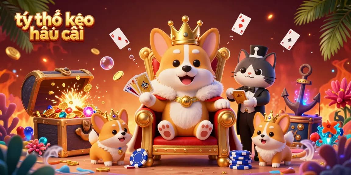 Experience vibrant casino energy with "tỷ lệ kèo nhà cái" in this 3D illustration featuring a royal corgi on poker chips.