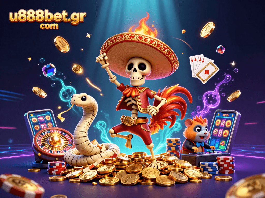 Engage in exciting wins at u888bet.gr com featuring a dynamic casino scene with colorful characters and gaming elements.