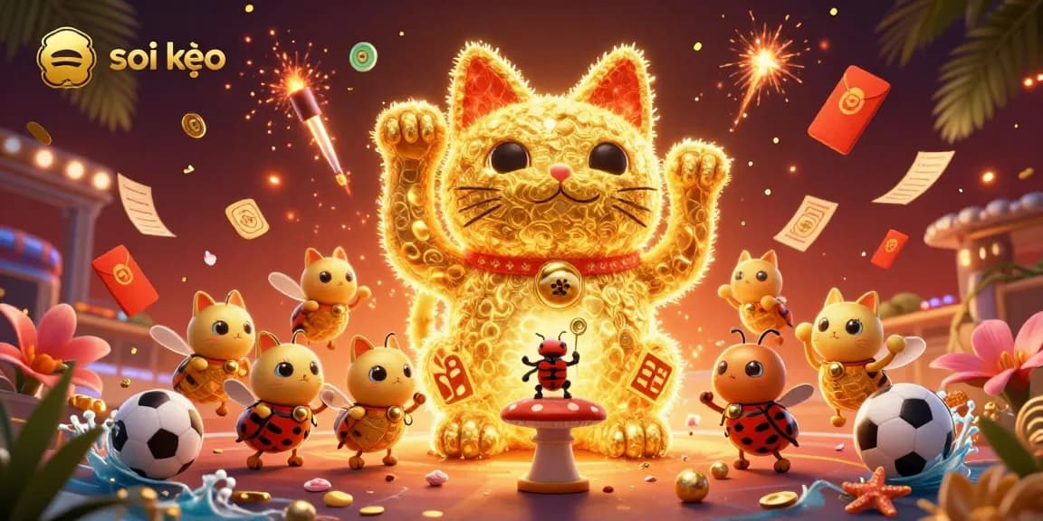 Engage with the soi kèo universe featuring a golden lucky cat and dynamic sports elements among vibrant casino symbols.