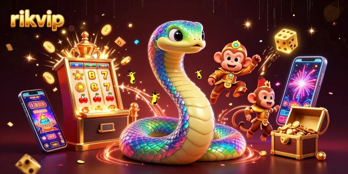 rikvip showcases a vibrant 3D casino scene with a rainbow serpent and dynamic gaming elements.