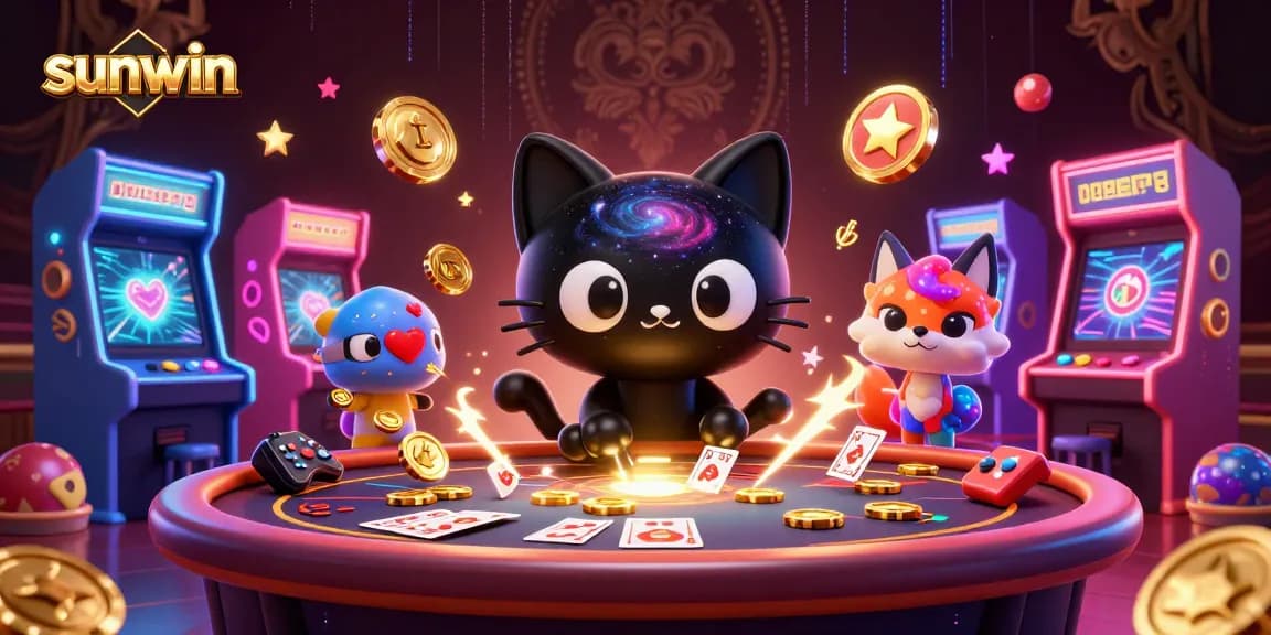 sunwin showcases a cosmic casino scene with a black hole cat and colorful game elements attracting players' excitement.