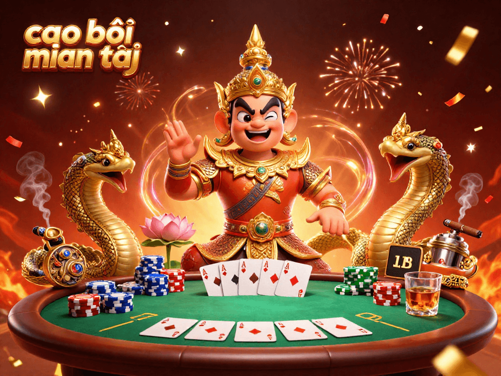 Engage with 'cao bồi miền tây' in this vibrant 3D poker scene featuring dynamic casino elements.