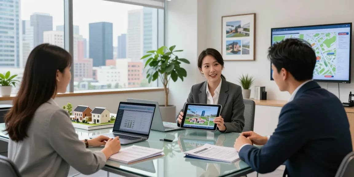 IDXSTAR real estate agent presenting properties to clients in a modern office setting