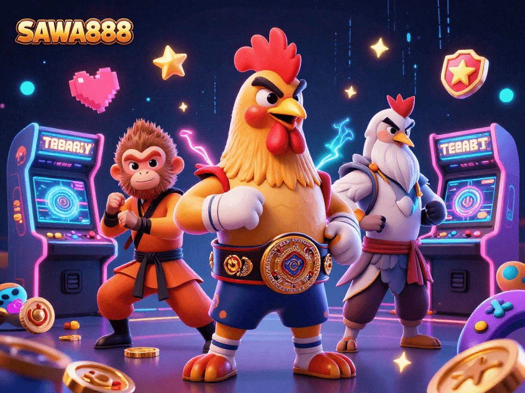 Engage in thrilling gameplay with SAWA888 as a fierce Muay Thai rooster and Shaolin monkey battle in a vibrant, energetic casino scene.