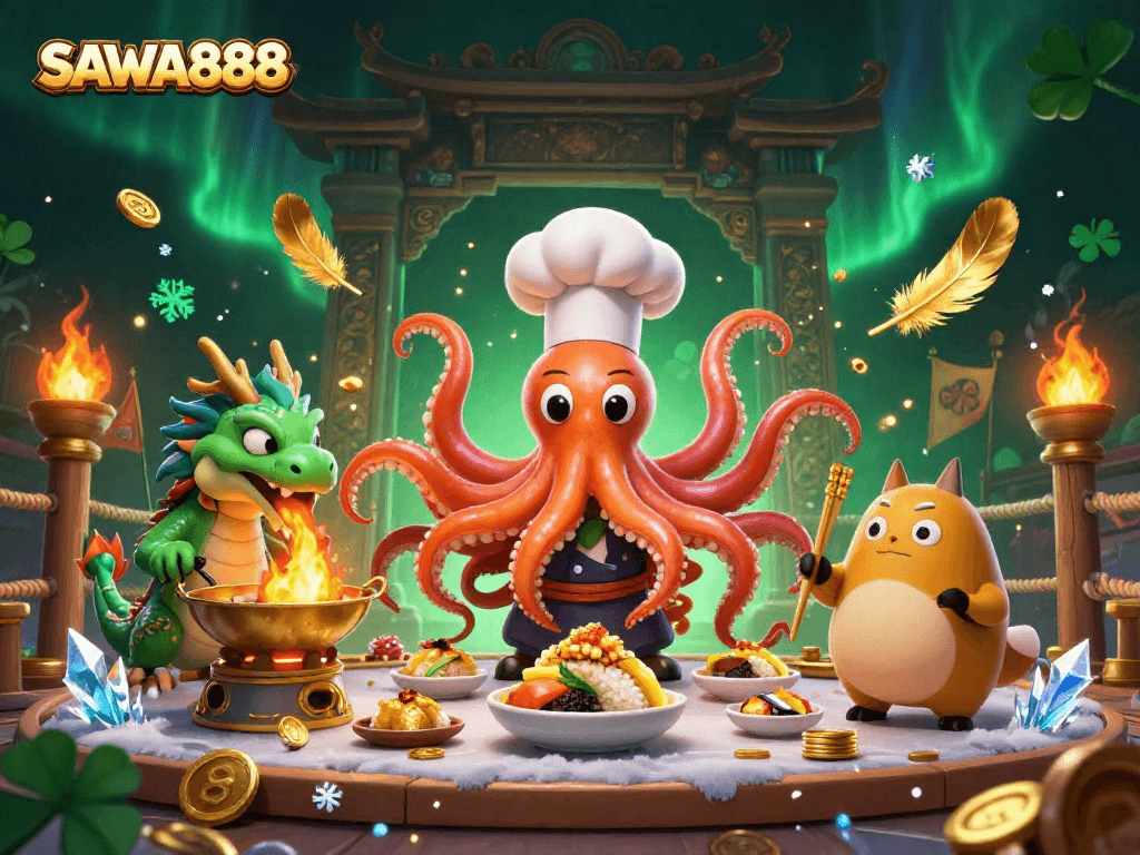 Experience thrilling slots at SAWA888 with golden dishes and vibrant casino elements.