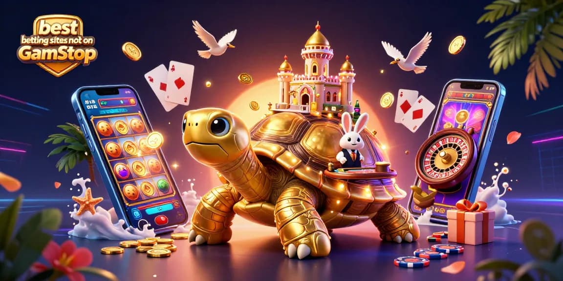 Engage with the best betting sites not on GamStop featuring a dynamic casino scene with golden tortoise and rabbit dealer.