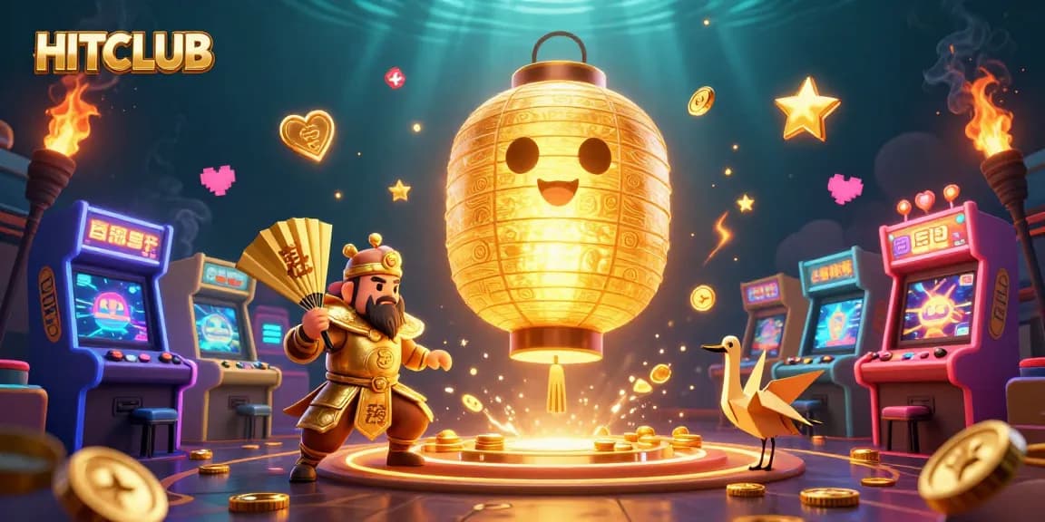 Engage with HITCLUB's immersive casino experience featuring a golden lantern spirit and arcade elements.