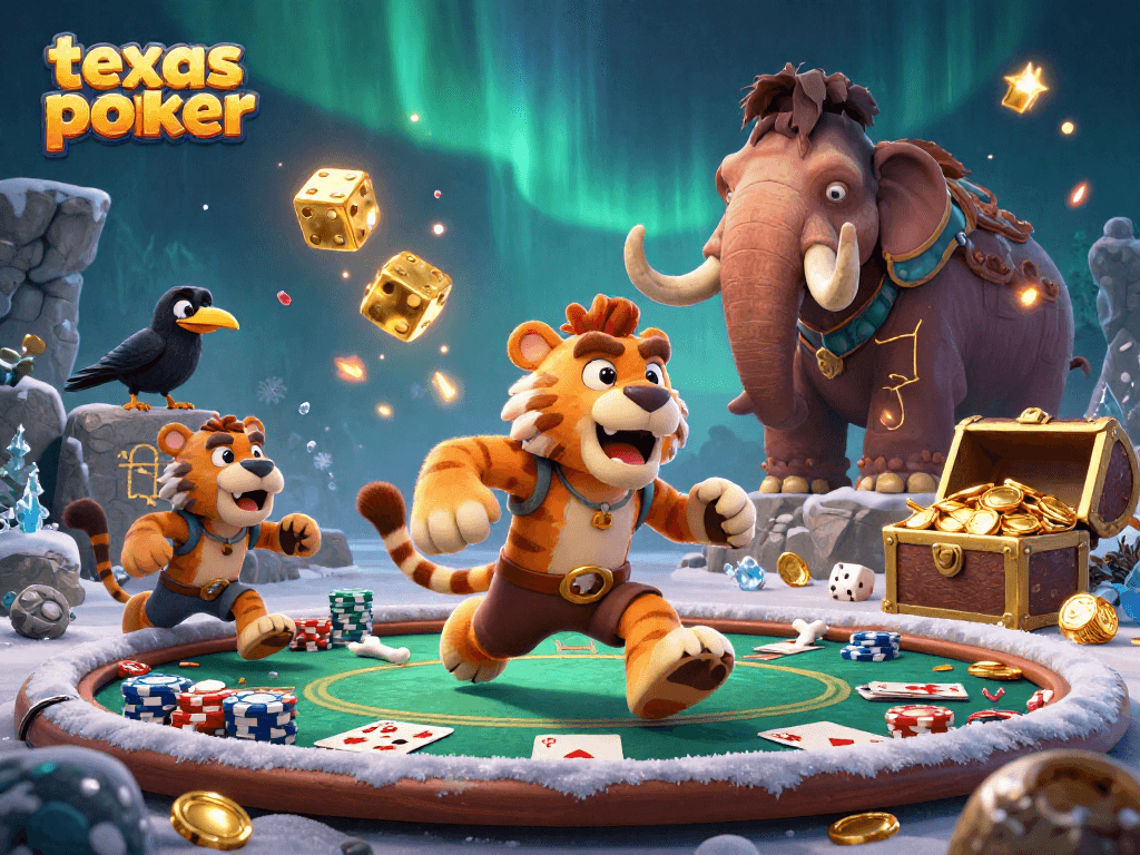 Experience texas poker excitement with caveman duo and sabertooth in a vibrant casino setting.