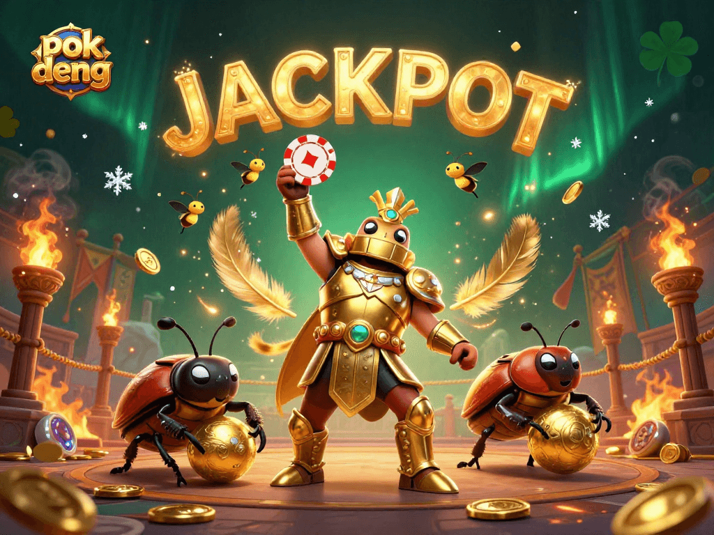 Experience the thrill of pok deng as heroic beetles celebrate a jackpot victory amidst dazzling casino elements.