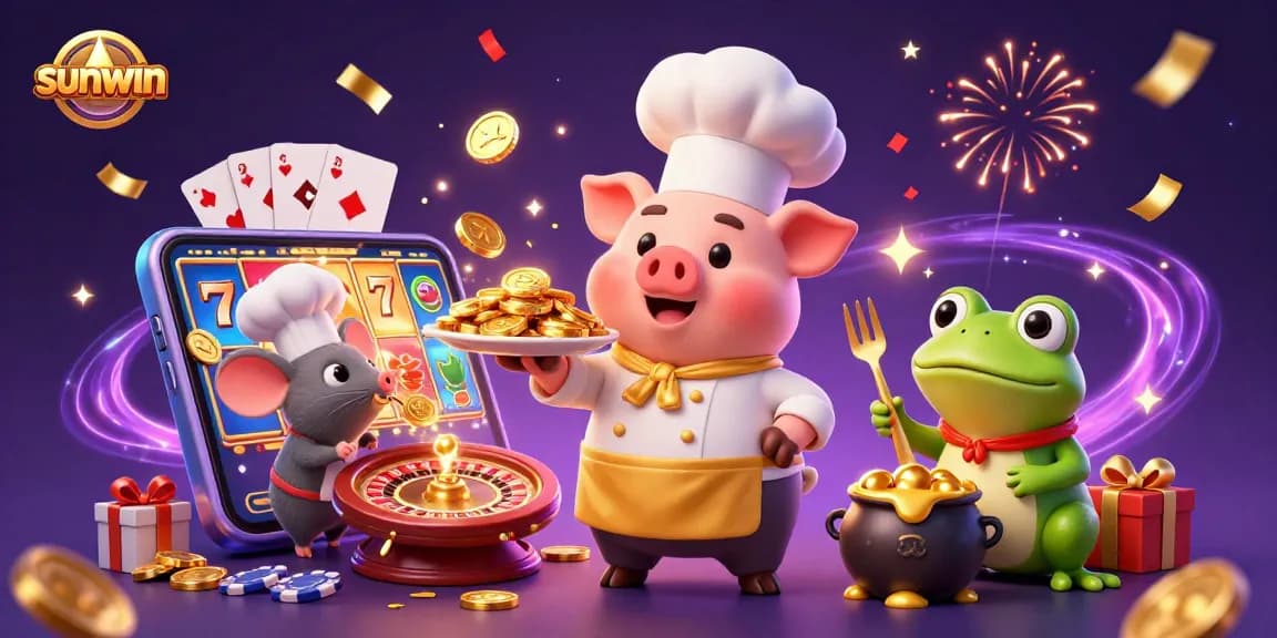 sunwin casino party scene with chef pig, sous-chef mouse, and frog critic enjoying slots and fireworks