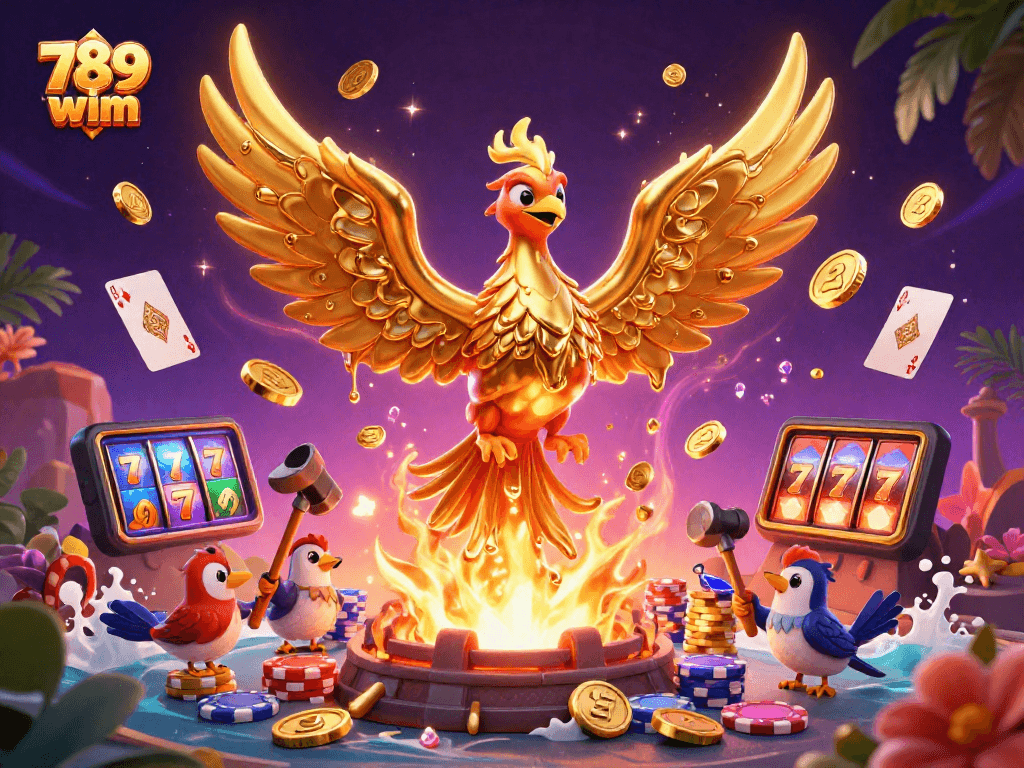 Win big with 789 wim in this dynamic illustration featuring golden coins and a vibrant casino scene.