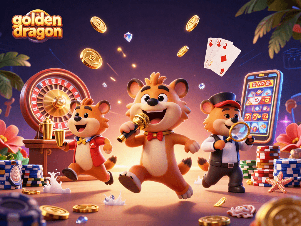 Engage with the golden dragon slot game featuring dynamic hyena characters amidst cascading coins and vibrant casino elements