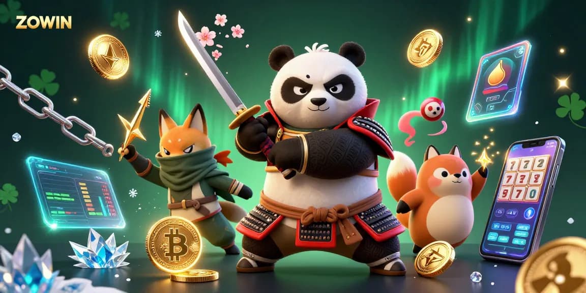 ZOWIN's dynamic scene showcases a samurai panda and ninja fox amidst colorful slot reels and crypto elements.